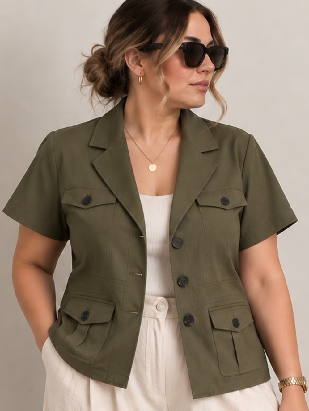 Kasper Separates Olive Short-Sleeve Safari-Style Jacket